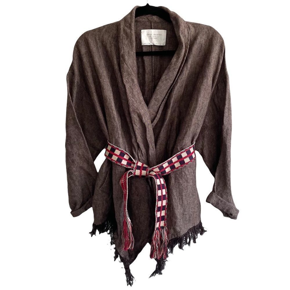 𝅺ZARA Boho Linen Wrap Cardigan Blazer Jacket Brown XS/S